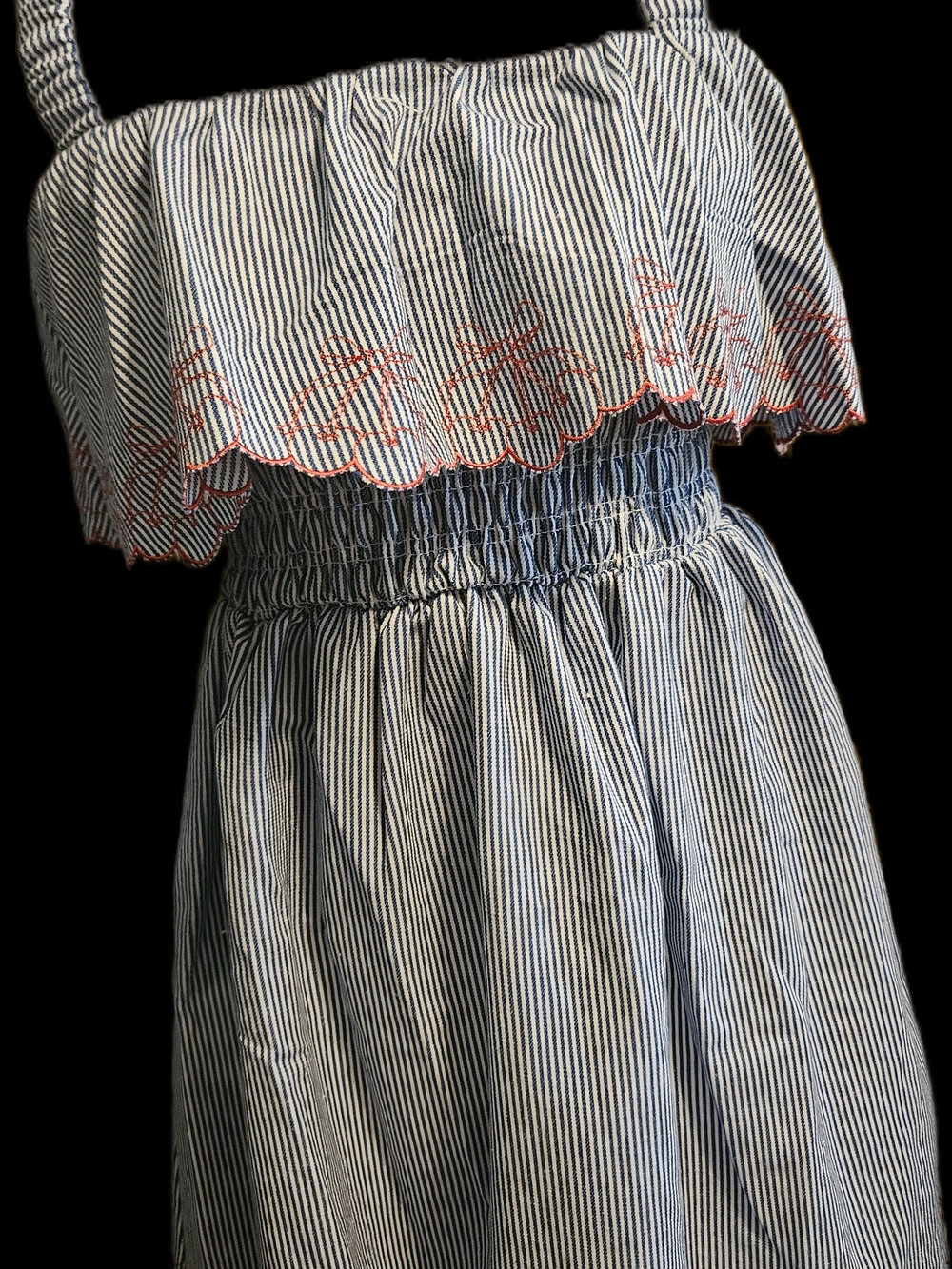 Peach Love California Blue and White Striped Sundress with Red Embroidery S M L